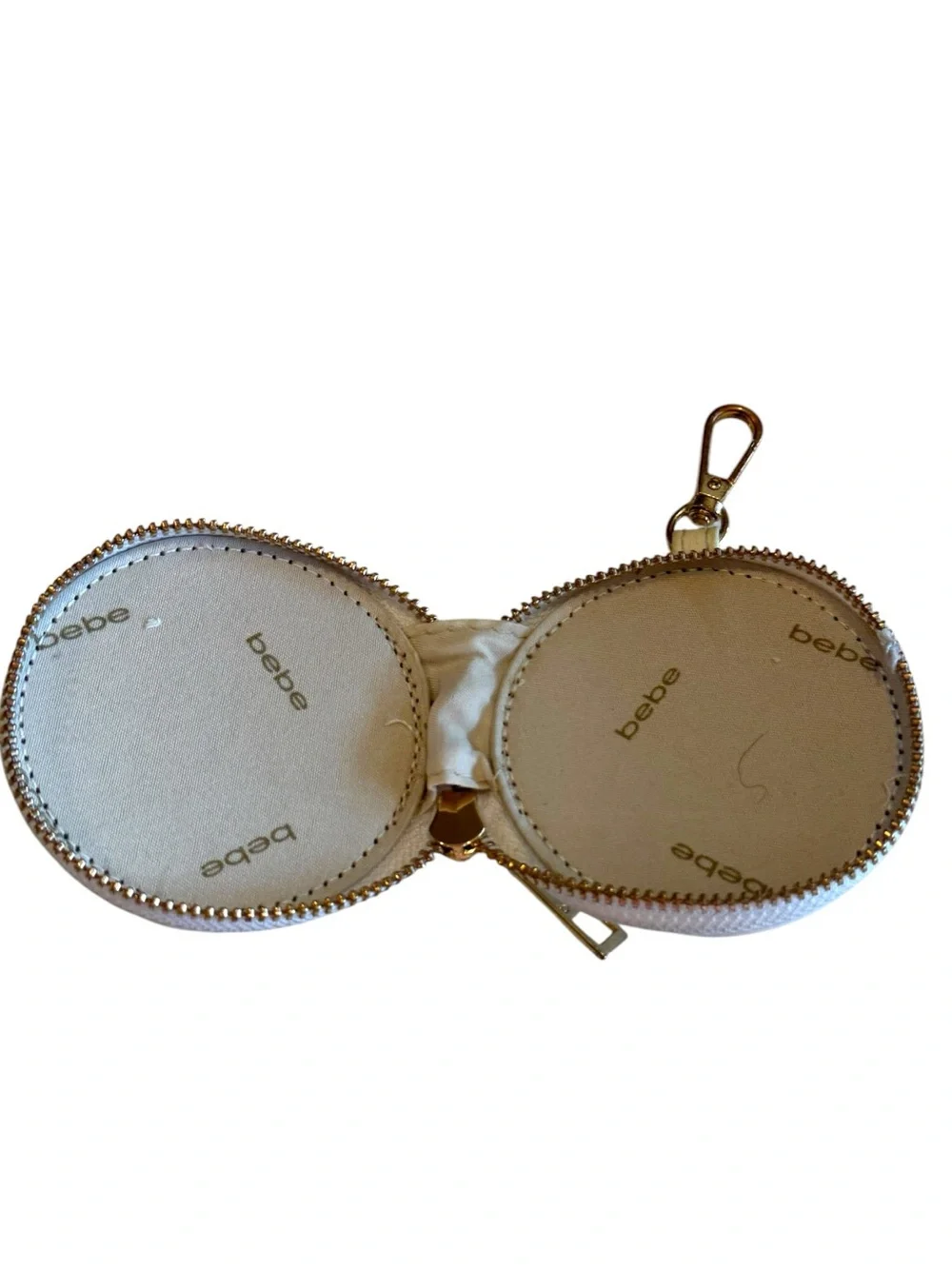 Bebe Round Coin Pouch Ivory Faux Leather Keychain Wallet with Gold Hardware